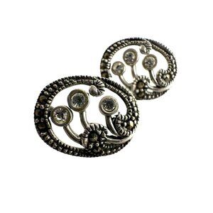 Sterling Silver Marcasite Stud Floral Oval Earrings Signed